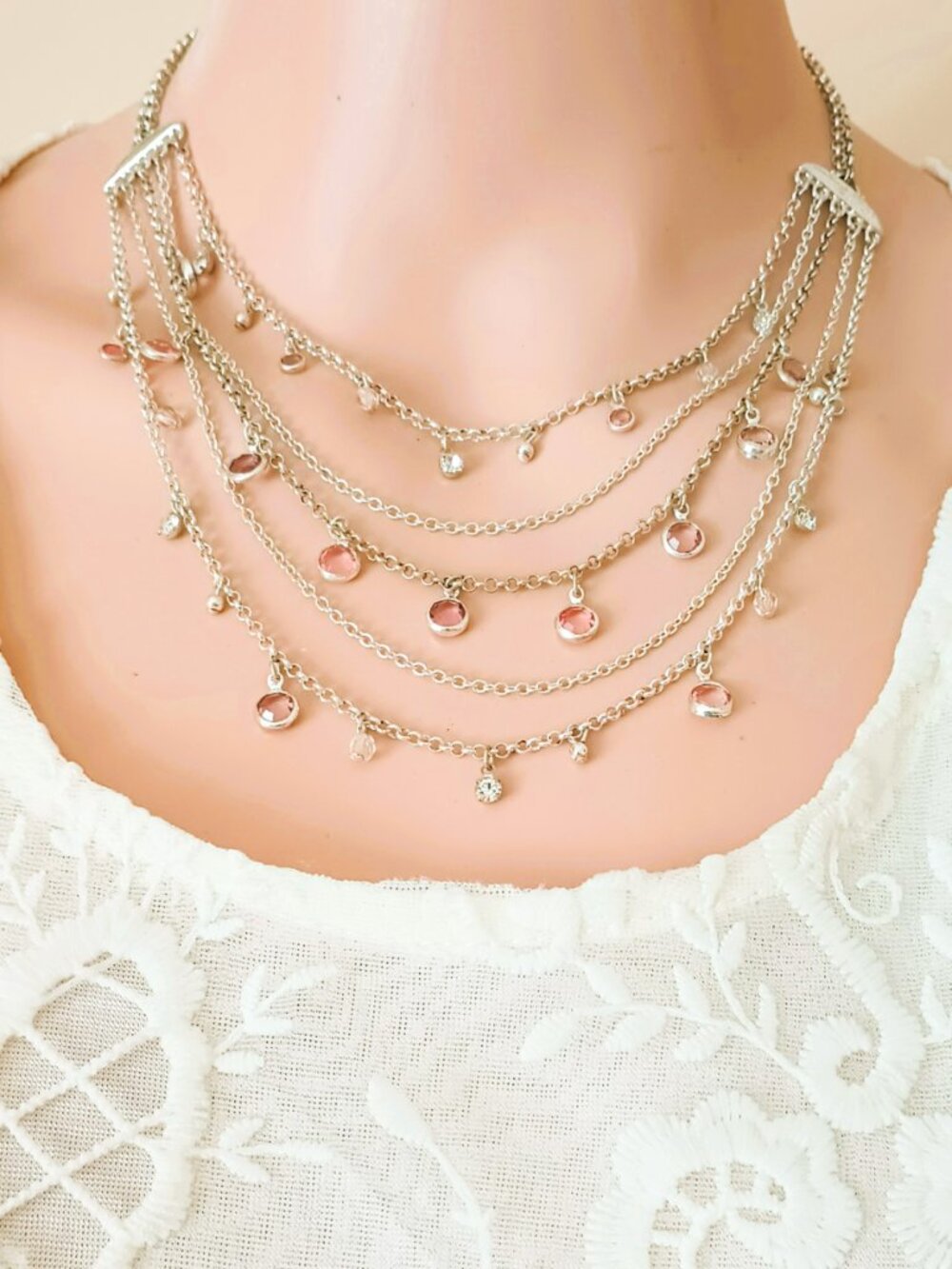 Avon Vintage Layered Station Necklace 22" Silver Tone Multistrand Pink Choker